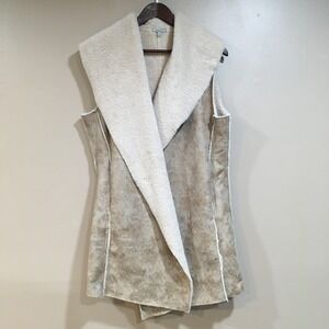 Faux Shearling Suede Vest Open Front Tan Sz L Cozy Boho Outdoor Western Layering